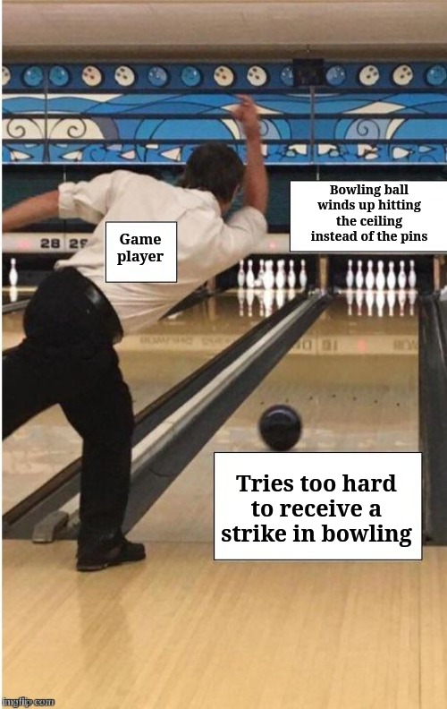 Bowling meme comment | Bowling ball winds up hitting the ceiling instead of the pins; Game player; Tries too hard to receive a strike in bowling | image tagged in bowling,memes,comment section,comments,comment,meme comments | made w/ Imgflip meme maker