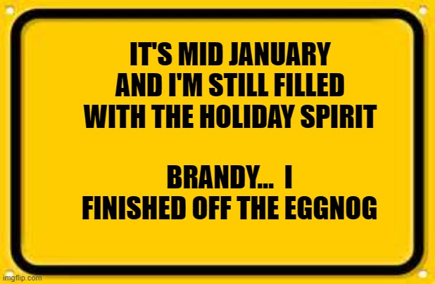 Blank Yellow Sign | IT'S MID JANUARY AND I'M STILL FILLED WITH THE HOLIDAY SPIRIT; BRANDY...  I FINISHED OFF THE EGGNOG | image tagged in memes,blank yellow sign | made w/ Imgflip meme maker