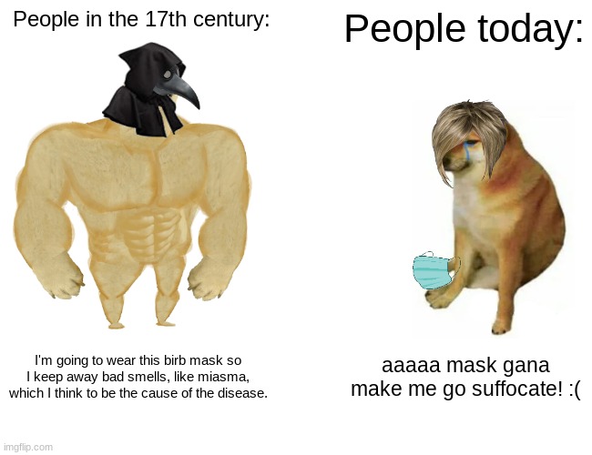 XD | People in the 17th century:; People today:; I'm going to wear this birb mask so I keep away bad smells, like miasma, which I think to be the cause of the disease. aaaaa mask gana make me go suffocate! :( | image tagged in memes,buff doge vs cheems,17th century vs now | made w/ Imgflip meme maker