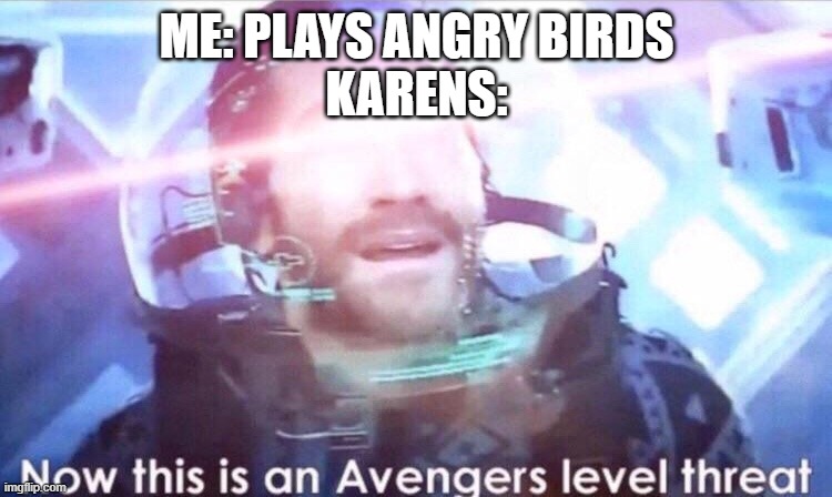 I hate anti gamers #19 | ME: PLAYS ANGRY BIRDS
KARENS: | image tagged in now this is an avengers level threat,gaming | made w/ Imgflip meme maker