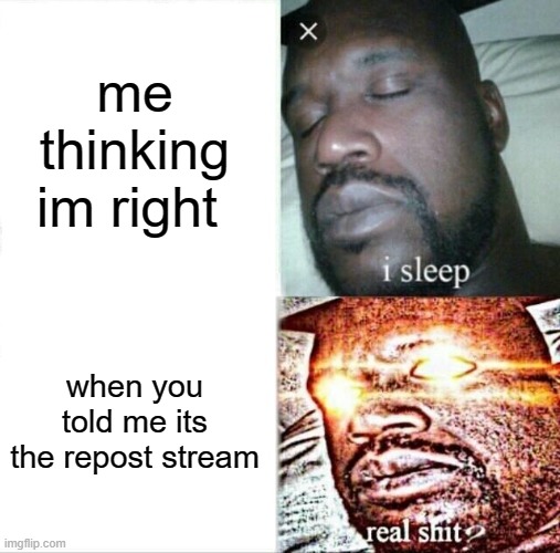 Sleeping Shaq Meme | me thinking im right when you told me its the repost stream | image tagged in memes,sleeping shaq | made w/ Imgflip meme maker