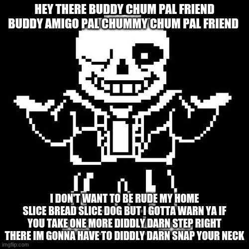 sans undertale | HEY THERE BUDDY CHUM PAL FRIEND BUDDY AMIGO PAL CHUMMY CHUM PAL FRIEND; I DON'T WANT TO BE RUDE MY HOME SLICE BREAD SLICE DOG BUT I GOTTA WARN YA IF YOU TAKE ONE MORE DIDDLY DARN STEP RIGHT THERE IM GONNA HAVE TO DIDDLY DARN SNAP YOUR NECK | image tagged in sans undertale | made w/ Imgflip meme maker