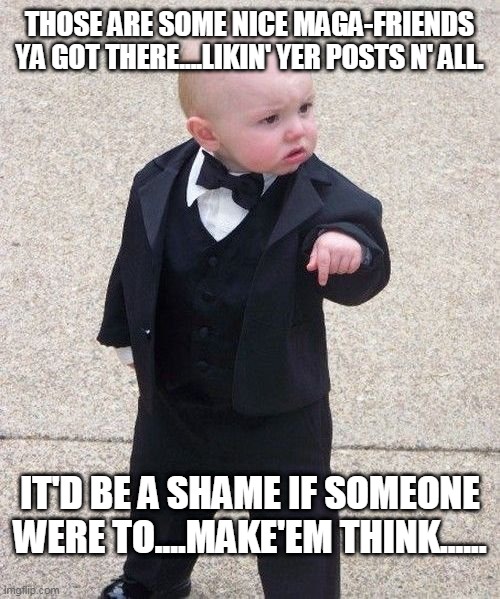 nice maga friends shame to make'em think | THOSE ARE SOME NICE MAGA-FRIENDS YA GOT THERE....LIKIN' YER POSTS N' ALL. IT'D BE A SHAME IF SOMEONE WERE TO....MAKE'EM THINK...... | image tagged in memes,baby godfather,maga morons | made w/ Imgflip meme maker