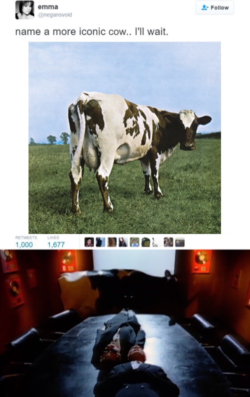 Sweet Memes | cow; https://www.youtube.com/watch?v=M6F_16LNpcQ | image tagged in name a more iconic duo,memes,pink floyd,sweet dreams,cows,rock | made w/ Imgflip meme maker