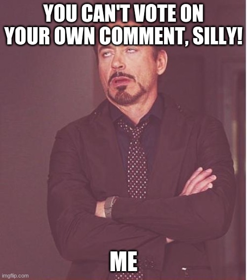 Face You Make Robert Downey Jr | YOU CAN'T VOTE ON YOUR OWN COMMENT, SILLY! ME | image tagged in memes,face you make robert downey jr | made w/ Imgflip meme maker
