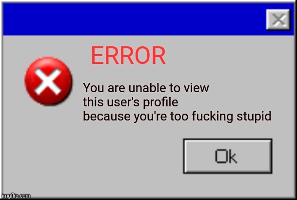 Windows Error Message | ERROR; You are unable to view this user's profile because you're too fucking stupid | image tagged in windows error message | made w/ Imgflip meme maker