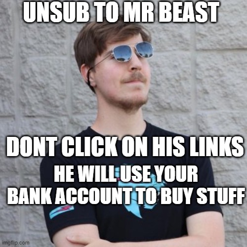 Mr. Beast | UNSUB TO MR BEAST; DONT CLICK ON HIS LINKS; HE WILL USE YOUR BANK ACCOUNT TO BUY STUFF | image tagged in mr beast | made w/ Imgflip meme maker