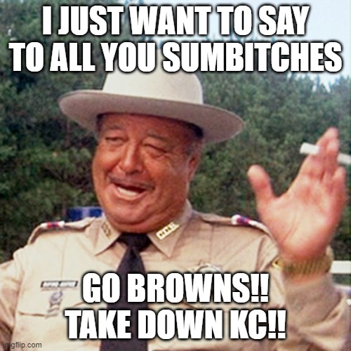 buford t justice | I JUST WANT TO SAY TO ALL YOU SUMBITCHES; GO BROWNS!! TAKE DOWN KC!! | image tagged in buford t justice | made w/ Imgflip meme maker
