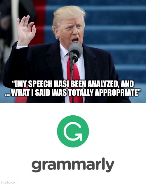 No grammer erorrs | “[MY SPEECH HAS] BEEN ANALYZED, AND ... WHAT I SAID WAS TOTALLY APPROPRIATE” | image tagged in donald trump speech,memes | made w/ Imgflip meme maker