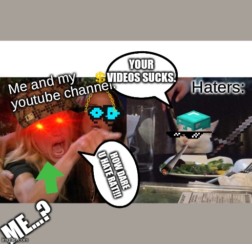 The youtuber experience every day: | YOUR VIDEOS SUCKS. Me and my youtube channel:; Haters:; HOW DARE U HATE RAT!!! ME...? | image tagged in memes,woman yelling at cat | made w/ Imgflip meme maker