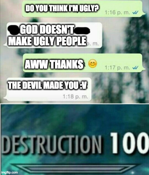 Super lol | DO YOU THINK I'M UGLY? GOD DOESN'T MAKE UGLY PEOPLE; AWW THANKS; THE DEVIL MADE YOU :V | image tagged in destruction 100 | made w/ Imgflip meme maker