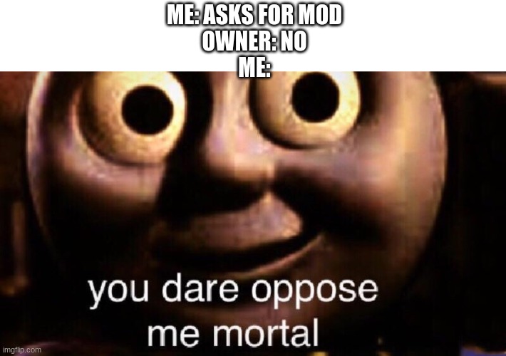 You dare oppose me mortal |  ME: ASKS FOR MOD
OWNER: NO
ME: | image tagged in you dare oppose me mortal | made w/ Imgflip meme maker