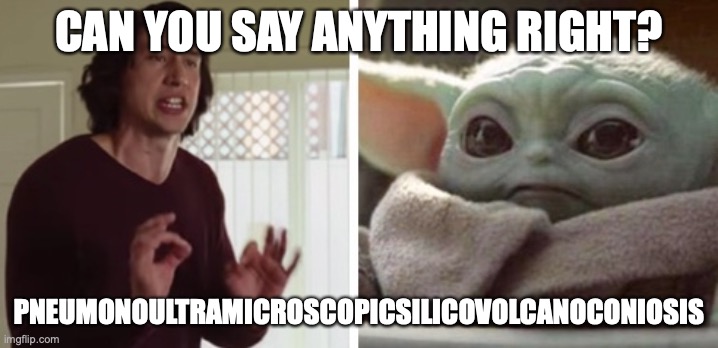 smort baby yoda | CAN YOU SAY ANYTHING RIGHT? PNEUMONOULTRAMICROSCOPICSILICOVOLCANOCONIOSIS | image tagged in adam driver baby yoda argue | made w/ Imgflip meme maker