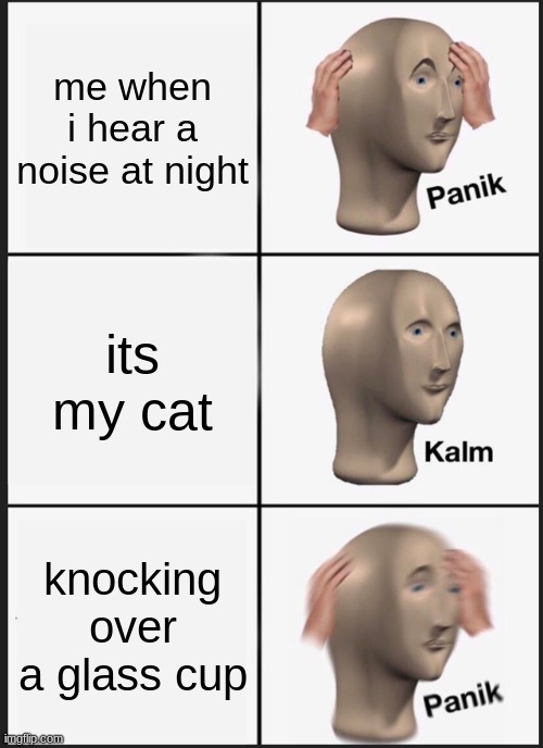 Panik Kalm Panik Meme | me when i hear a noise at night; its my cat; knocking over a glass cup | image tagged in memes,panik kalm panik | made w/ Imgflip meme maker