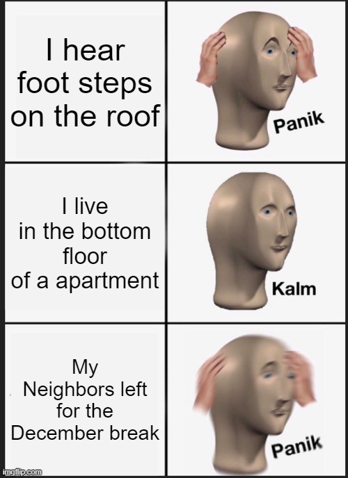 Panik Kalm Panik | I hear foot steps on the roof; I live in the bottom floor of a apartment; My Neighbors left for the December break | image tagged in memes,panik kalm panik | made w/ Imgflip meme maker