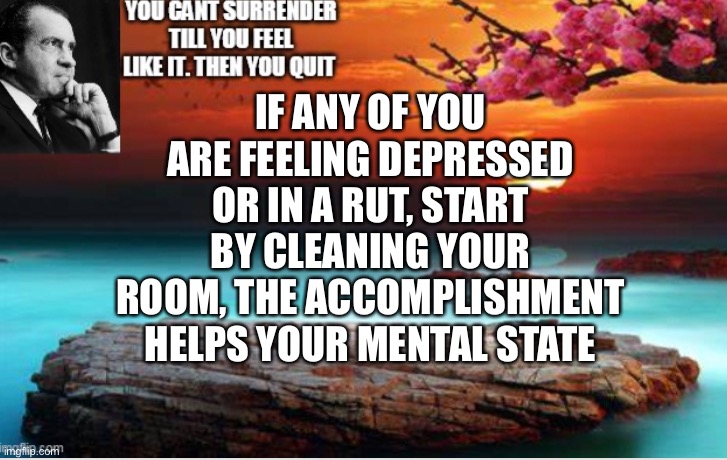 Hopefully This Didn’t Sound Too Contrived | IF ANY OF YOU ARE FEELING DEPRESSED OR IN A RUT, START BY CLEANING YOUR ROOM, THE ACCOMPLISHMENT HELPS YOUR MENTAL STATE | image tagged in rich,nixon | made w/ Imgflip meme maker