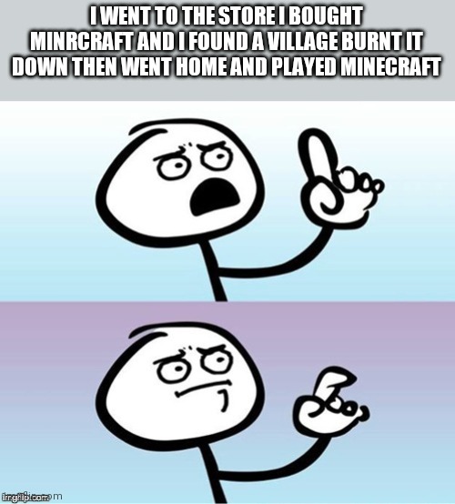Hol up-- | I WENT TO THE STORE I BOUGHT MINRCRAFT AND I FOUND A VILLAGE BURNT IT DOWN THEN WENT HOME AND PLAYED MINECRAFT | image tagged in wait a minute never mind,minecraft,dark,hold up | made w/ Imgflip meme maker