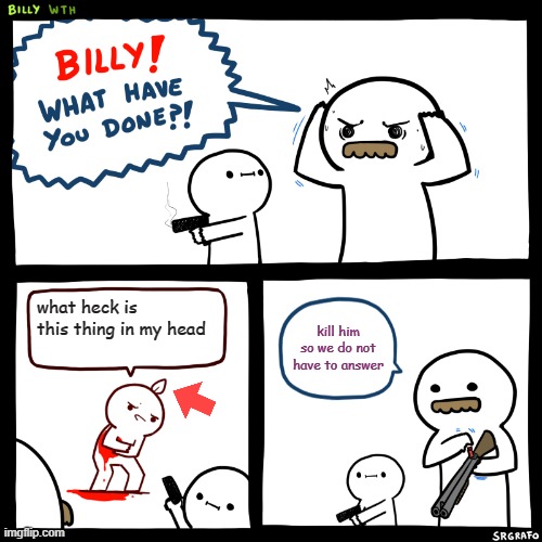 Billy, What Have You Done | what heck is this thing in my head; kill him so we do not have to answer | image tagged in billy what have you done | made w/ Imgflip meme maker