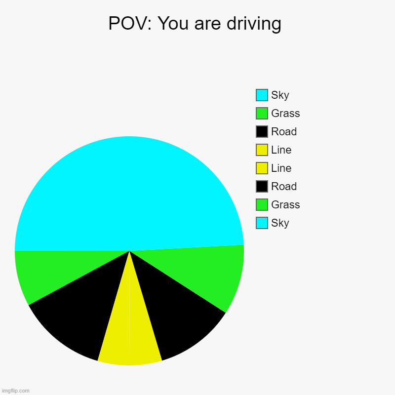 Took me hours | POV: You are driving | Sky, Grass, Road, Line, Line, Road, Grass, Sky | image tagged in charts,pie charts | made w/ Imgflip chart maker