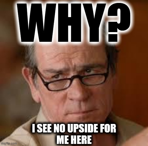 my face when someone asks a stupid question | WHY? I SEE NO UPSIDE FOR
ME HERE | image tagged in my face when someone asks a stupid question | made w/ Imgflip meme maker