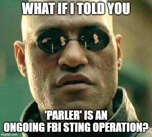 Parler | WHAT IF I TOLD YOU; 'PARLER' IS AN ONGOING FBI STING OPERATION? | image tagged in what if i told you | made w/ Imgflip meme maker