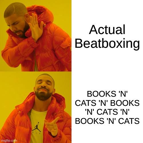BOOKSNCATSNBOOKSNCATS | Actual Beatboxing; BOOKS 'N' CATS 'N' BOOKS 'N' CATS 'N' BOOKS 'N' CATS | image tagged in drake hotline bling | made w/ Imgflip meme maker