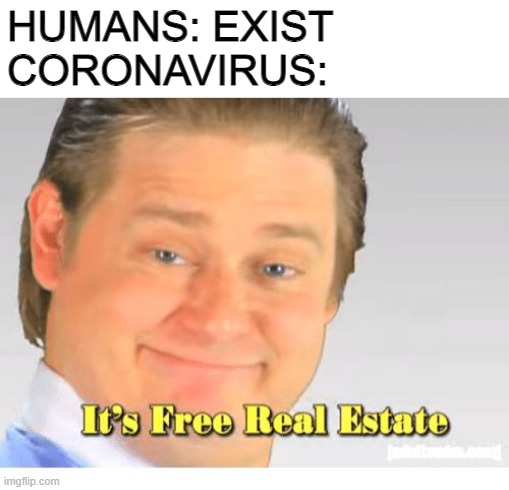 I know I'm late :/ | HUMANS: EXIST
CORONAVIRUS: | image tagged in it's free real estate | made w/ Imgflip meme maker