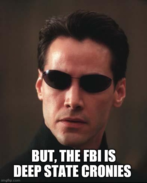 Neo Matrix Keanu Reeves | BUT, THE FBI IS DEEP STATE CRONIES | image tagged in neo matrix keanu reeves | made w/ Imgflip meme maker