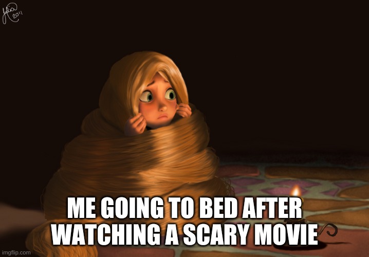 Scared Rapunzel | ME GOING TO BED AFTER WATCHING A SCARY MOVIE | image tagged in scared rapunzel | made w/ Imgflip meme maker