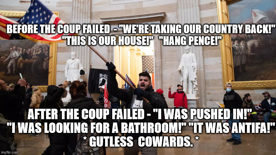 Gutless Cowards | BEFORE THE COUP FAILED  - "WE'RE TAKING OUR COUNTRY BACK!"
 "THIS IS OUR HOUSE!"   "HANG PENCE!"; AFTER THE COUP FAILED - "I WAS PUSHED IN!" 
"I WAS LOOKING FOR A BATHROOM!" "IT WAS ANTIFA!"
* GUTLESS  COWARDS. * | image tagged in riot,coup,trump | made w/ Imgflip meme maker