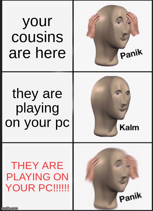 seriously tho | your cousins are here; they are playing on your pc; THEY ARE PLAYING ON YOUR PC!!!!!! | image tagged in memes,panik kalm panik | made w/ Imgflip meme maker