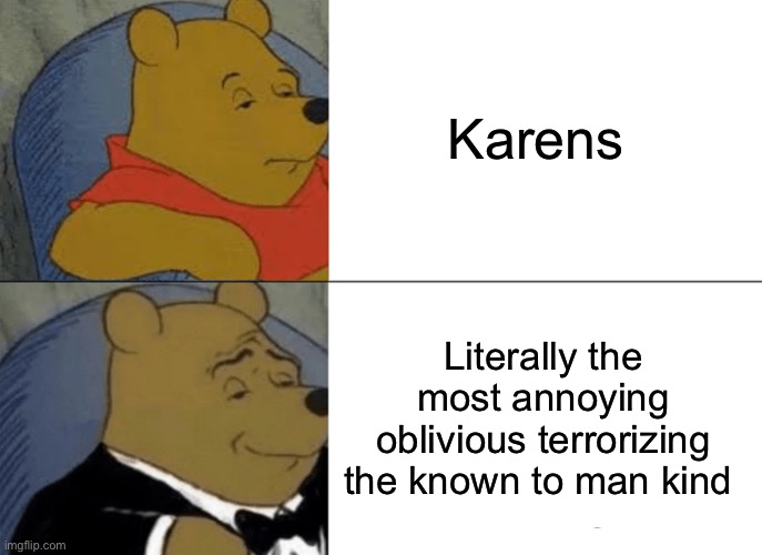 Tuxedo Winnie The Pooh | Karens; Literally the most annoying oblivious terrorizing the known to man kind | image tagged in memes,tuxedo winnie the pooh | made w/ Imgflip meme maker