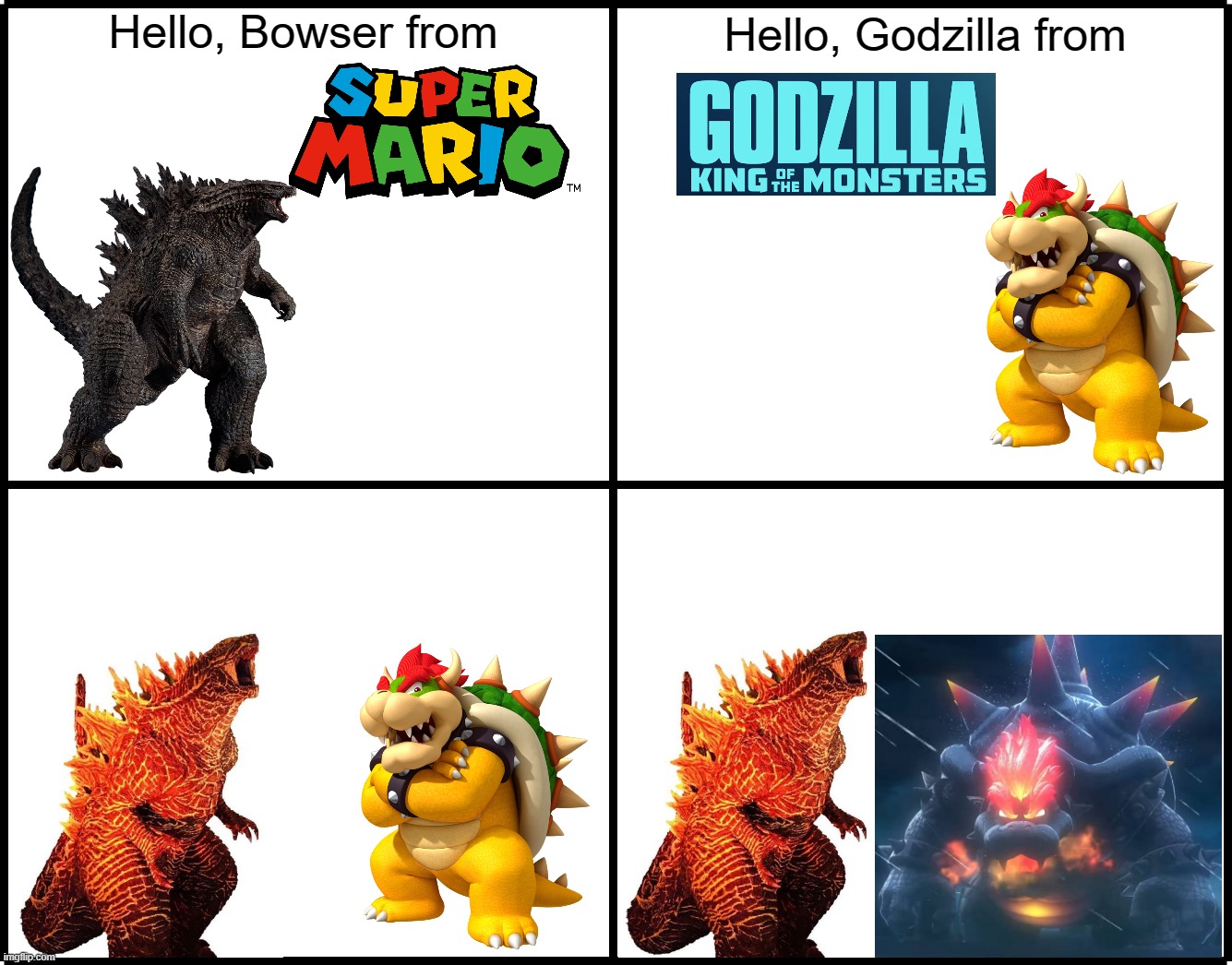 Hello, Bowser from; Hello, Godzilla from | image tagged in super mario 3d world,bowser's fury,godzilla,bowser,hey,hello | made w/ Imgflip meme maker