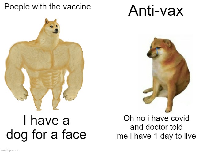 Buff Doge vs. Cheems | Poeple with the vaccine; Anti-vax; I have a dog for a face; Oh no i have covid and doctor told me i have 1 day to live | image tagged in memes,buff doge vs cheems | made w/ Imgflip meme maker