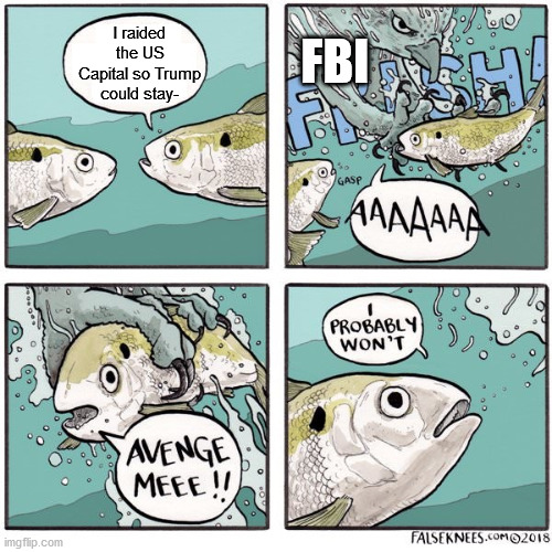 fish avenge me | FBI; I raided the US Capital so Trump could stay- | image tagged in fish avenge me,trump supporter,coup | made w/ Imgflip meme maker