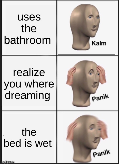 Panik Kalm Panik Meme | uses the bathroom; realize you where dreaming; the bed is wet | image tagged in memes,panik kalm panik | made w/ Imgflip meme maker