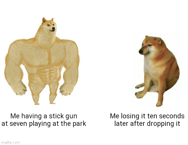 Buff Doge vs. Cheems | Me having a stick gun at seven playing at the park; Me losing it ten seconds later after dropping it | image tagged in memes,buff doge vs cheems | made w/ Imgflip meme maker