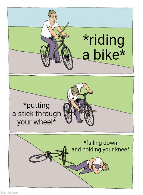 Bike Fall | *riding a bike*; *putting a stick through your wheel*; *falling down and holding your knee* | image tagged in memes,bike fall | made w/ Imgflip meme maker