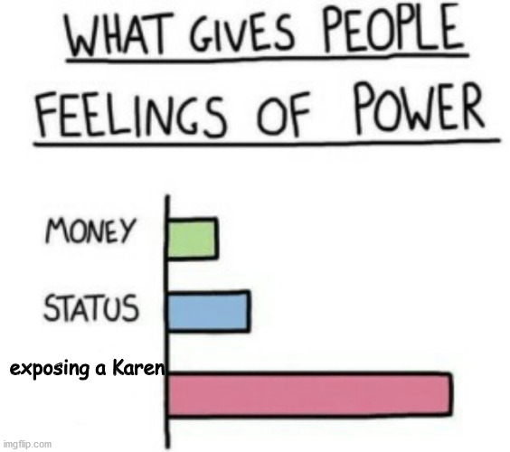 this is a meme i made a long time ago | exposing a Karen | image tagged in what gives people feelings of power | made w/ Imgflip meme maker