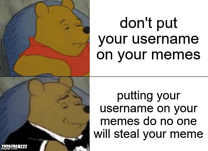 how stop people from stealing your memes | don't put your username on your memes; putting your username on your memes do no one will steal your meme; YODAEDAR222 | image tagged in memes,tuxedo winnie the pooh | made w/ Imgflip meme maker