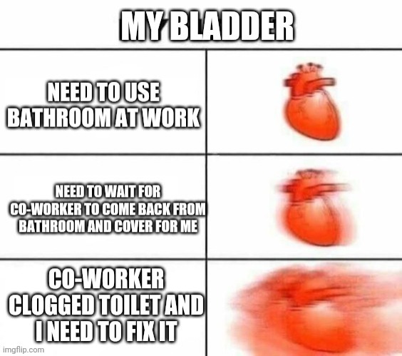 My bladder at my job | image tagged in heart racing | made w/ Imgflip meme maker