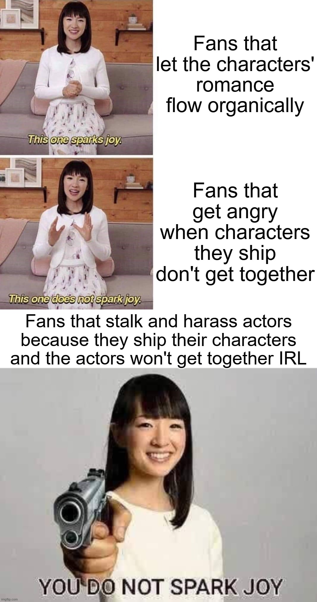 Fans that let the characters' romance flow organically; Fans that get angry when characters they ship don't get together; Fans that stalk and harass actors because they ship their characters and the actors won't get together IRL | image tagged in this one sparks joy | made w/ Imgflip meme maker