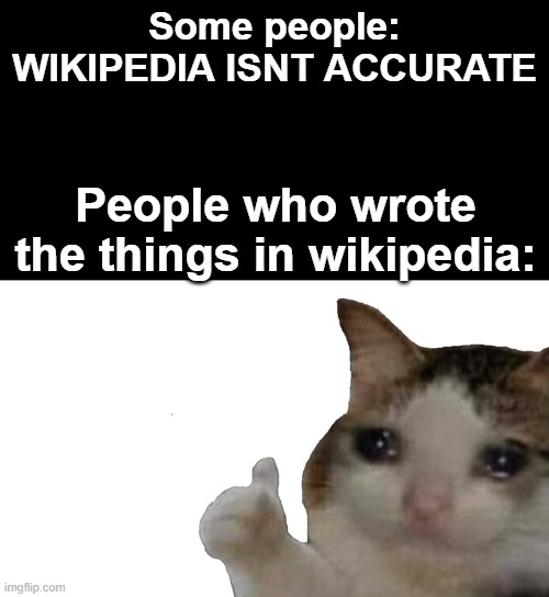 Some people: WIKIPEDIA ISNT ACCURATE; People who wrote the things in wikipedia: | image tagged in approved crying cat | made w/ Imgflip meme maker