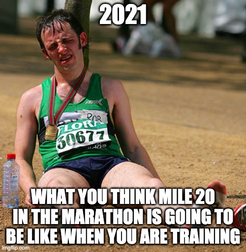 2021 sucks also | 2021; WHAT YOU THINK MILE 20 IN THE MARATHON IS GOING TO BE LIKE WHEN YOU ARE TRAINING | image tagged in marathon | made w/ Imgflip meme maker