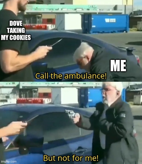 Call an ambulance but not for me | DOVE TAKING MY COOKIES ME | image tagged in call an ambulance but not for me | made w/ Imgflip meme maker