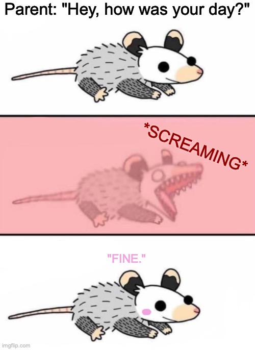 Having a rough day? | Parent: "Hey, how was your day?"; *SCREAMING*; "FINE." | image tagged in possum kalm panik kalm,screaming,parents,fine,issues,memes | made w/ Imgflip meme maker