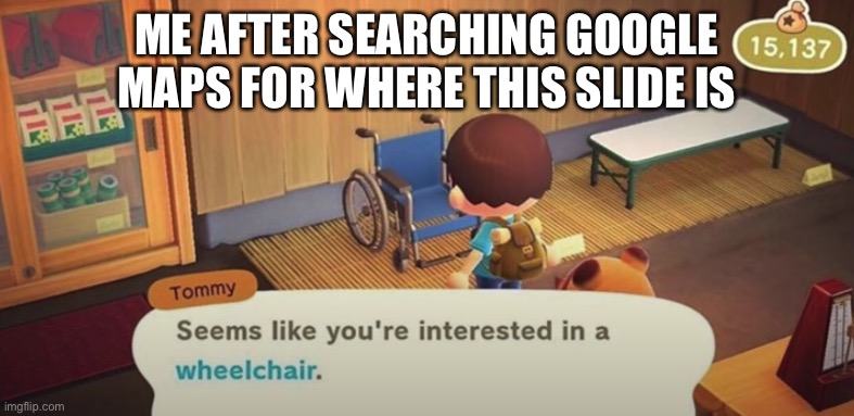 Seems like you're interested in a wheelchair | ME AFTER SEARCHING GOOGLE MAPS FOR WHERE THIS SLIDE IS | image tagged in seems like you're interested in a wheelchair | made w/ Imgflip meme maker