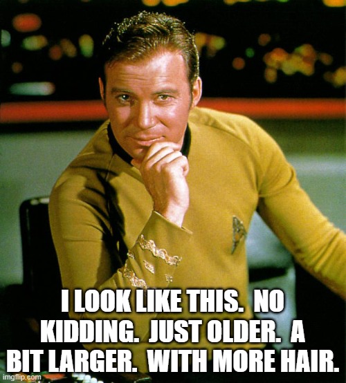 captain kirk | I LOOK LIKE THIS.  NO KIDDING.  JUST OLDER.  A BIT LARGER.  WITH MORE HAIR. | image tagged in captain kirk | made w/ Imgflip meme maker