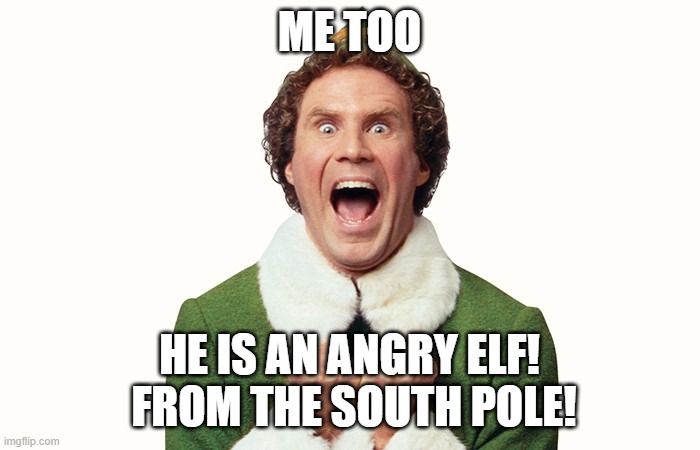 Buddy the elf excited | ME TOO HE IS AN ANGRY ELF!  FROM THE SOUTH POLE! | image tagged in buddy the elf excited | made w/ Imgflip meme maker