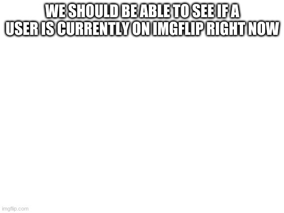 Blank White Template | WE SHOULD BE ABLE TO SEE IF A USER IS CURRENTLY ON IMGFLIP RIGHT NOW | image tagged in blank white template | made w/ Imgflip meme maker